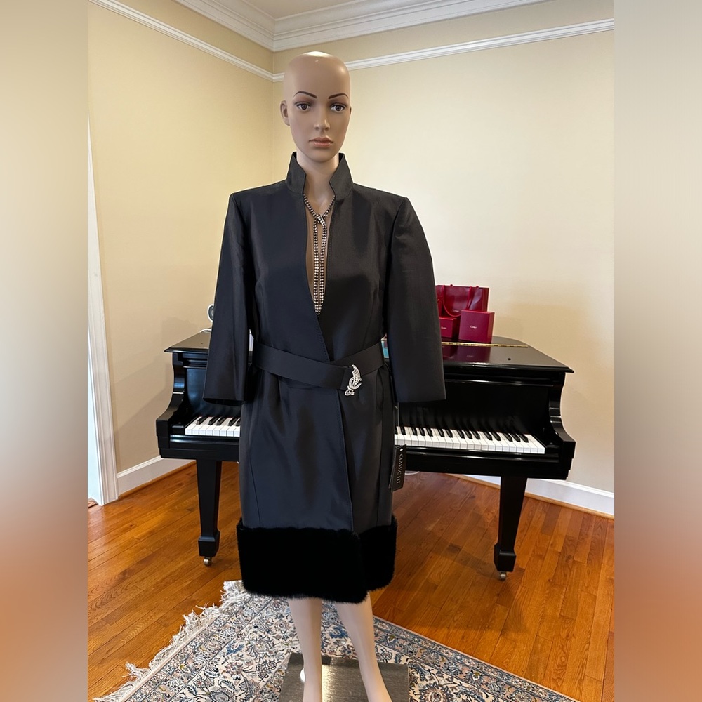 NWT Luxury Party Minimalist Vintage Albert Nipon Faux Fur Trim Coat Jeweled Belt - Picture 3 of 13